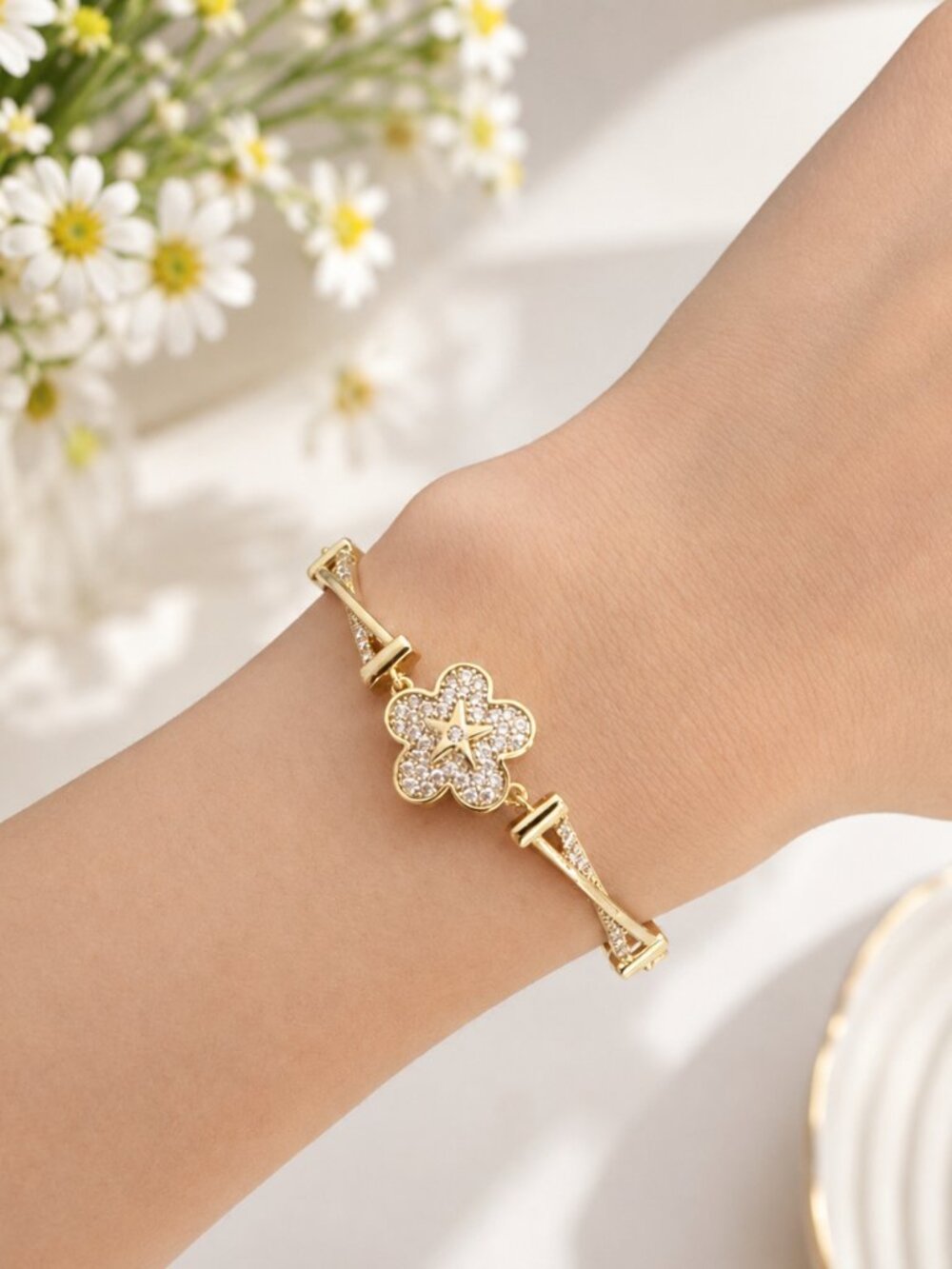 Gold Five Petal Flower Star Cubic Zirconia Adjustable Bracelet